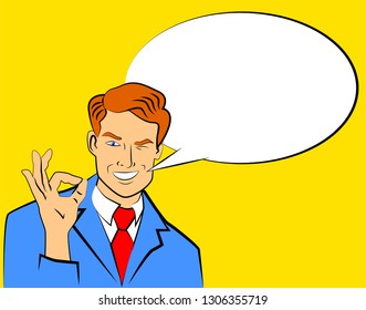 Vector vintage illustration of a young man winking while making the OK sign with his hand