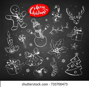 Vector vintage illustrations set with hand drawn chalked Christmas objects on blackboard background.