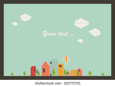 VECTOR, vintage image of a city skyline with a balloon