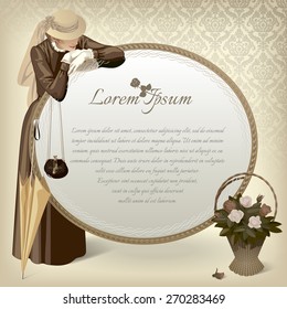 Vector vintage image of a standing woman in brown dress with handbag, umbrella, big round mirror and basket with roses on a table. Retro fashion template. Vector Illustration