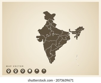Mapa vectorial de la India sobre el pasado.