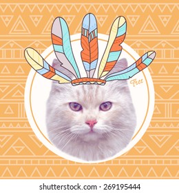 vector vintage indian cat with feather