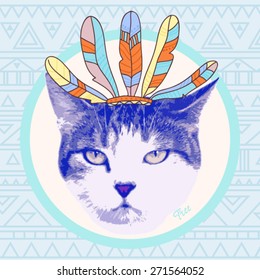 vector vintage indian cat with feather