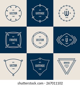 Vector vintage insignia, monogram, frame, label design template in line style.