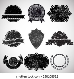 Vector Vintage Insignias Collection . Grunge Elements for your Design . Banners, Stamps, Logos, Icons, Labels and Badges Set . Set of Retro Frames for Emblems . 