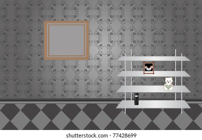 vector vintage interior with shelf and wooden frame