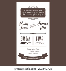 Tarjeta invitativa vectorial con zigzag de fondo, letras, tipo, cintas y corazón. Fácil de editar