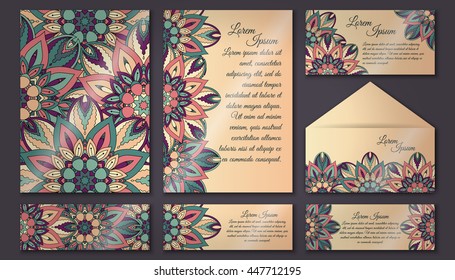 Vector vintage invitation card set. Floral mandala pattern and ornaments. Oriental design Layout. Islam, Arabic, Indian, ottoman motifs. Front page and back page.