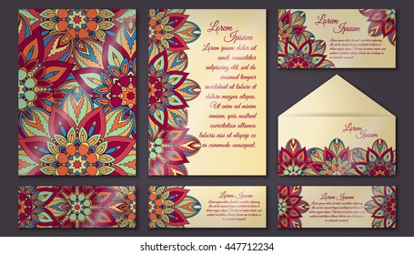 Vector vintage invitation card set. Floral mandala pattern and ornaments. Oriental design Layout. Islam, Arabic, Indian, ottoman motifs. Front page and back page.