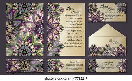Vector vintage invitation card set. Floral mandala pattern and ornaments. Oriental design Layout. Islam, Arabic, Indian, ottoman motifs. Front page and back page.