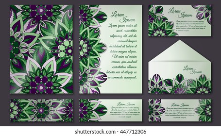 Vector vintage invitation card set. Floral mandala pattern and ornaments. Oriental design Layout. Islam, Arabic, Indian, ottoman motifs. Front page and back page.