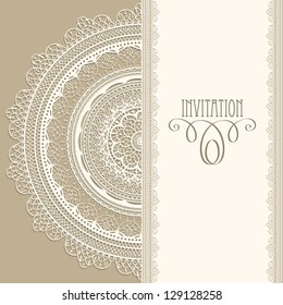 Vector  vintage invitation with white lacy napkin, seamless lacy  brushes included, fully editable eps 8 file, standart AI font "eccentric std"