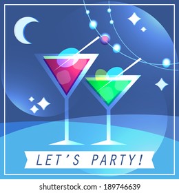 Vector vintage invitaton card with two glasses of martini on a night sky background