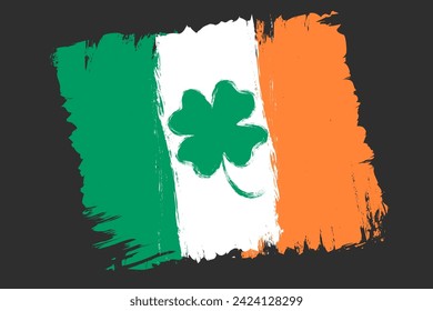 Bandera vectorial de Irlanda con suerte trébol de cuatro hojas para el día de Patrick. Bandera vintage de Irlanda con suerte trébol de cuatro hojas de estilo grunge.