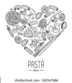 Vector vintage italian pasta restaurant illustration in heart shape. Hand drawn banner. Great for menu, banner, flyer, card, business promote.