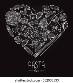 Vector vintage italian pasta restaurant illustration in heart shape. Hand drawn banner. Great for menu, banner, flyer, card, business promote.