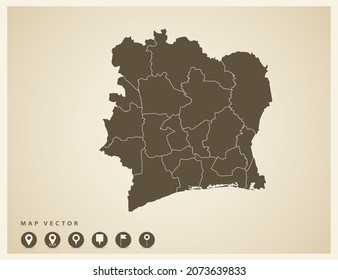 Vector vintage of Ivory Coast map on old background.