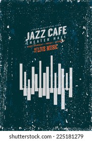 Vector Vintage Jazz music poster template. Abstract piano keyboard suggesting a wave form, a pipe organ and a city skyline. Texture effects can be turned off.