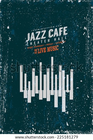 Vector Vintage Jazz music poster template. Abstract piano keyboard suggesting a wave form, a pipe organ and a city skyline. Texture effects can be turned off.