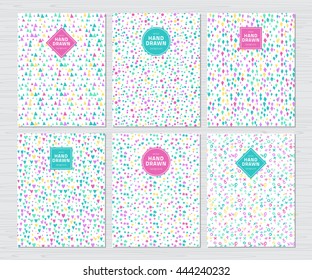 Vector vintage journal cards backgrounds set. Colorful doodle triangles, circles, diamonds, hearts, stars and tic-tac-toe backgrounds collection.