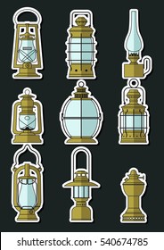 Vector Vintage Kerosene Lanterns and Ancient Oil Lamps Flat Design Set