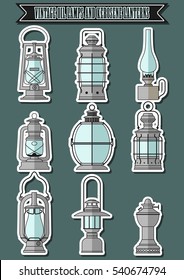 Vector Vintage Kerosene Lanterns and Ancient Oil Lamps Flat Design Set