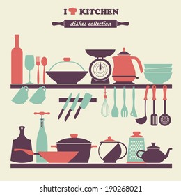 Vector Vintage kitchen dishes icons set