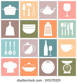 Vector Vintage kitchen dishes icons set