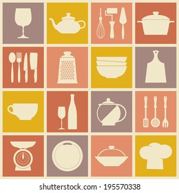 Vector Vintage kitchen dishes icons set