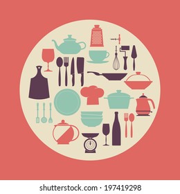 Vector Vintage kitchen dishes icons set