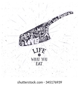 Vector vintage knife with lettering. Poster for kitchen, cafe, can be used in menu.