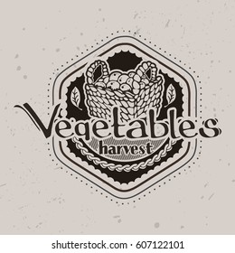  vector vintage label, badge, or emblem, basket and vegetables
