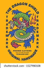 Vector of vintage label design with asia dragon tattoo illustration with flames and fire breath