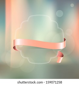 Vector vintage label with pale pink ribbon over photographic unfocused background
