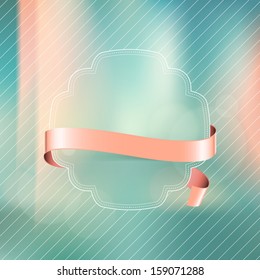 Vector vintage label with pale pink ribbon over photographic unfocused background