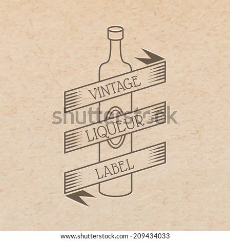 Vector vintage label pressed out on craft paper, beverages emblem - wine bottle with place for text ribbon