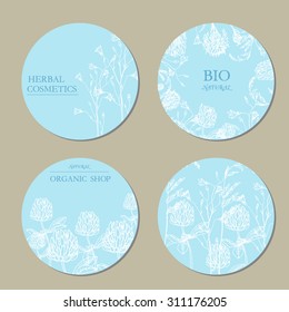 Vector vintage  label template with hand-draw wild flowers and herbs. Layout, mockup design for cosmetics, store,  beauty salon, natural and organic products. With place for text