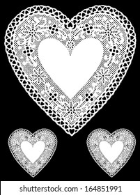 vector - Vintage Lace Heart Doilies. Antique design with copy space for Valentine's Day, Mothers Day, anniversary, birthday, albums, scrapbooks, cake decorating. Isolated on black background.