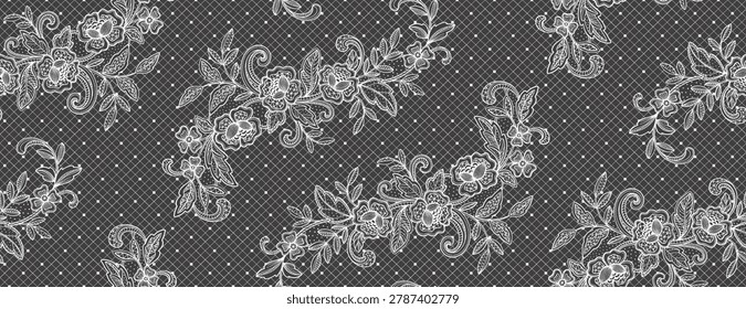 Vector Vintage lace seamless pattern with ornate floral details. Decorative hand-drawn romantic background. Design for wedding invitations, valentine cards, love branding, stationery.