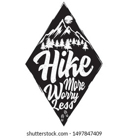 Vector vintage landscape with mountain peaks end graphic elements. Adventure is waiting. Motivational and inspirational typography poster with quote. Line design