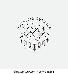 Vector vintage landscape with mountain peaks end graphic elements. Adventure is waiting. Motivational and inspirational typography poster with quote. Line design