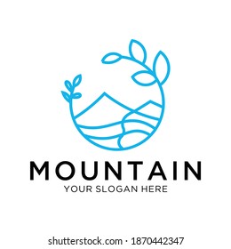 Vector vintage landscape with mountain peaks end graphic elements. Adventure is waiting. Motivational and inspirational typography poster with quote. Line design