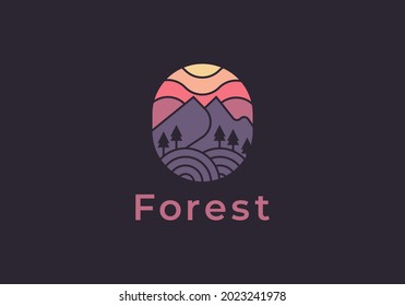 Paisaje vectorial vintage con picos de montaña y logotipo de elementos gráficos. 