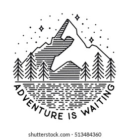 Vector vintage landscape with mountain peaks end graphic elements. Adventure is waiting. Motivational and inspirational typography poster with quote. Line design