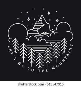 Vector vintage landscape with mountain peaks end graphic elements. Let's go to the mountains. Motivational and inspirational typography poster with quote. Line design