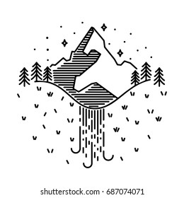 Vector vintage landscape with mountain peaks, waterfall end graphic elements. Line design