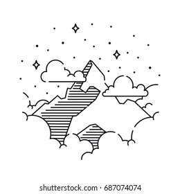 Vector vintage landscape with mountain peaks, clouds end graphic elements. Line design