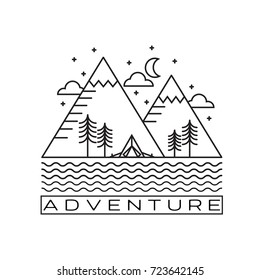 Vector vintage landscape with mountain peaks end graphic elements. Line design