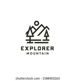 Vector vintage landscape with mountain pine tree peaks end graphic elements.Line art logo design
