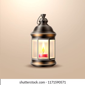 Vector vintage lantern with candle, old glowing lamp. Detailed kerosene light equipment, illumination instrument. Isolated illustration